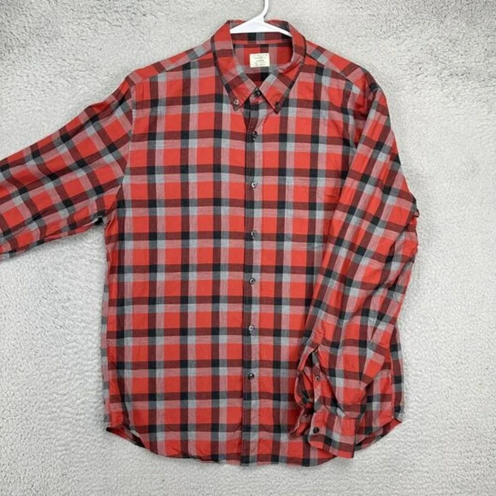 J. Crew Dress Shirt Adult Large 16-16.5 Red Gray Plaid Button Down Pocket Mens